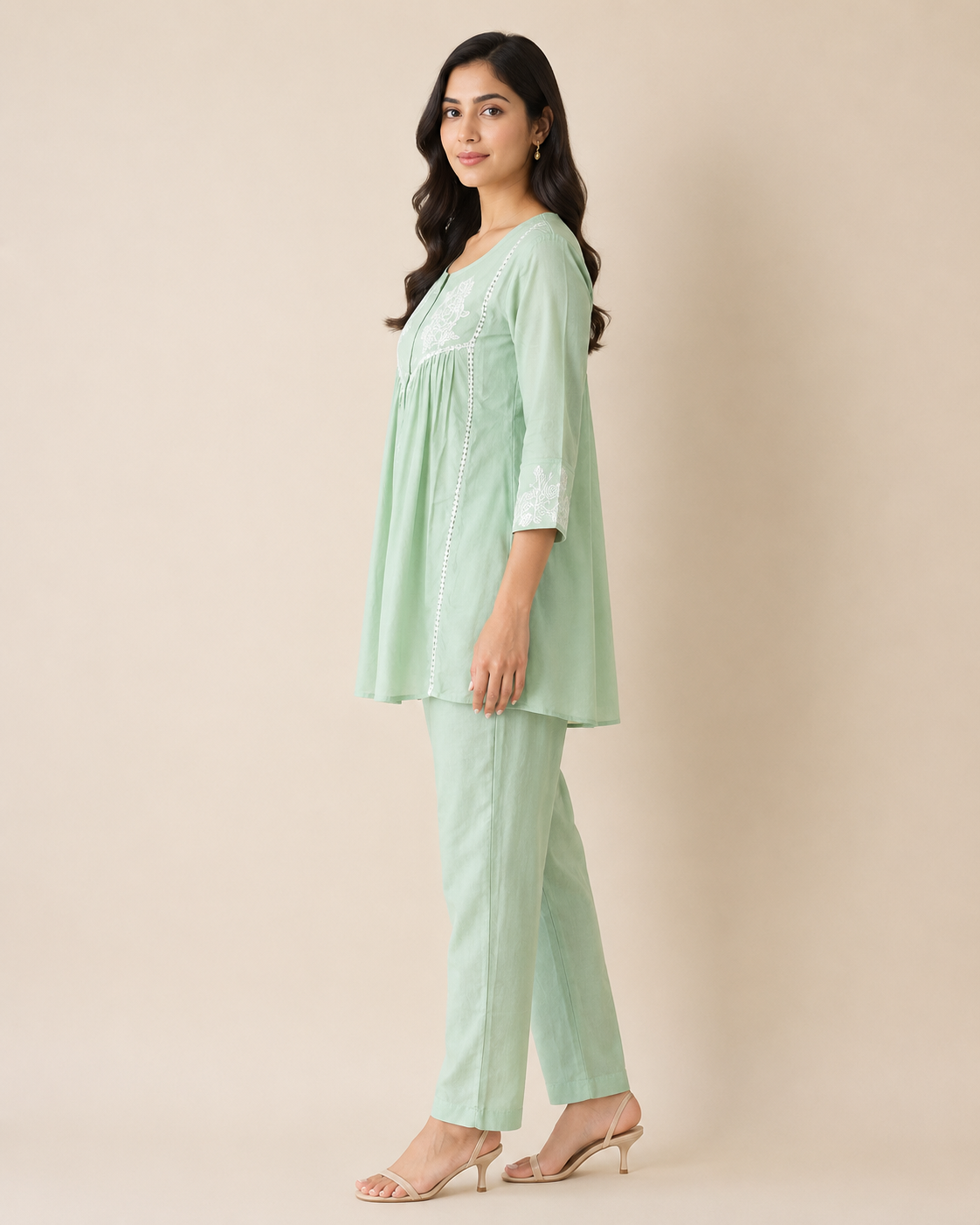 Pastel Mint Green Floral Embroidered Mal Cotton Co-ord Set