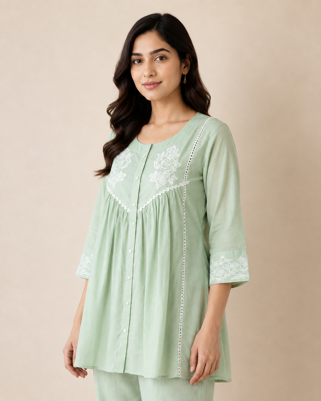 Pastel Mint Green Floral Embroidered Mal Cotton Co-ord Set