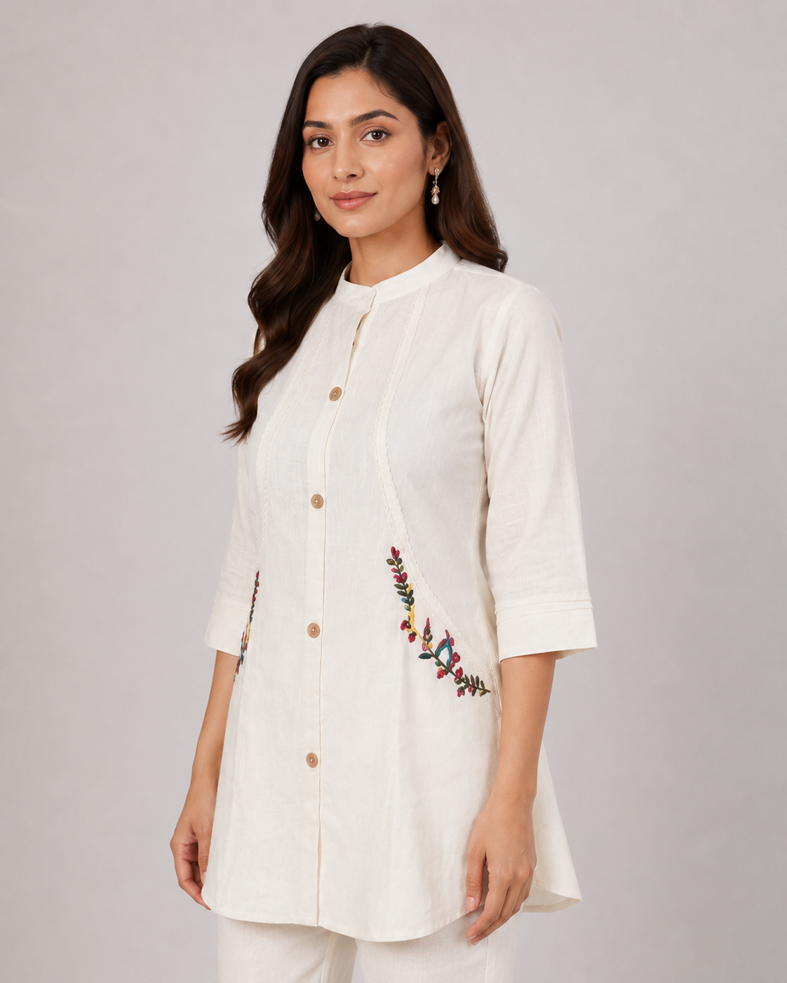 Off-White Floral Embroidered Khadi Cotton Co-ord Set
