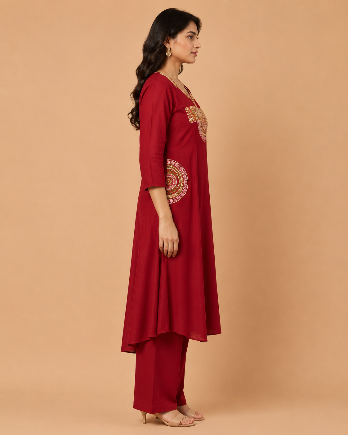 Dark orange Embroidered Dabu Cotton A-Line Co-ord Set