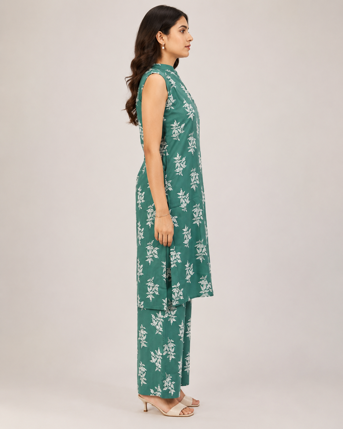 Teal Green Botanical Printed Rayon Co-ord Set