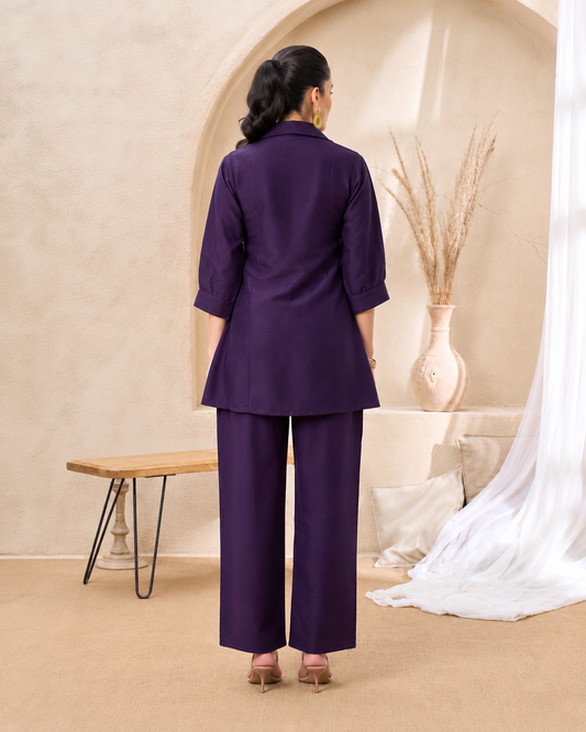 Deep Purple Multi colour Embroidered Roman Silk Co-ord Set
