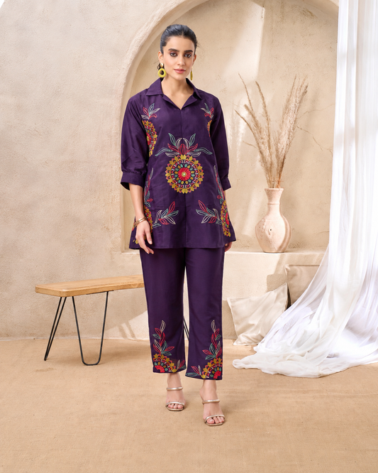 Deep Purple Multi colour Embroidered Roman Silk Co-ord Set