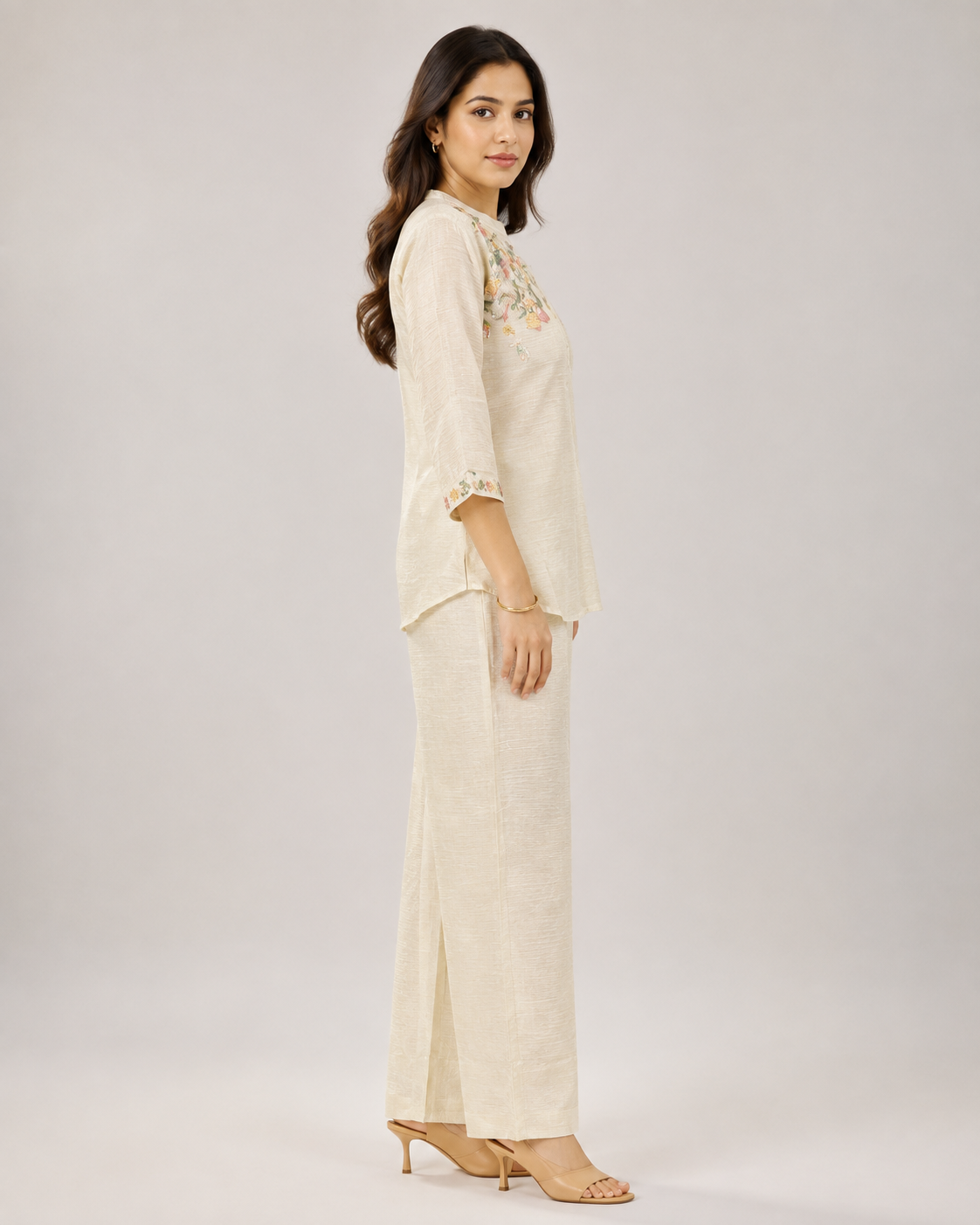 Ivory Floral Embroidered Crush Shimmer Co-ord Set