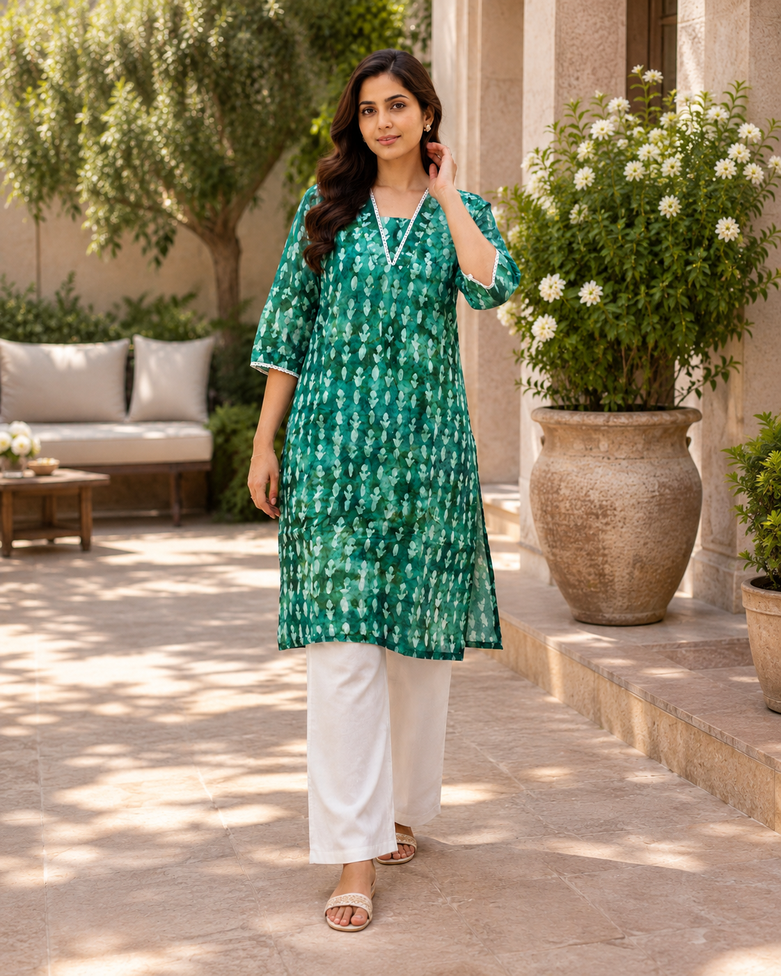 Teal Green Cotton Organza Co-ord Set with White Floral Print