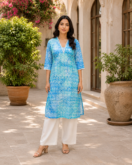 Sky Blue Cotton Organza Co-ord Set with White Floral Print