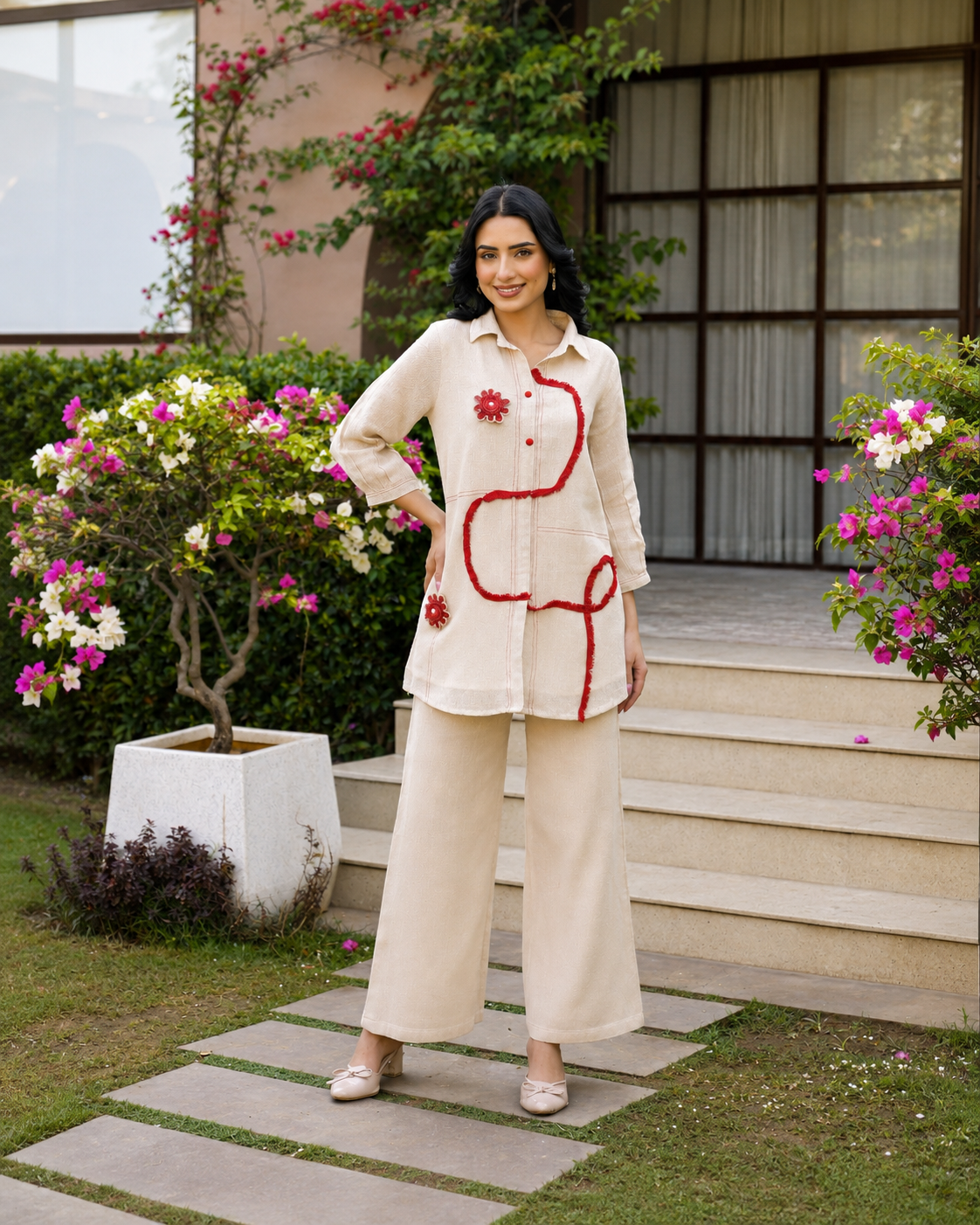 Premium Jute Cotton Co-ord Set with Red Embroidery & Wide-Leg Pants