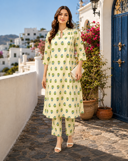 Soft Cream Natural Cotton Co-ord Set with Green & Blue Floral Print