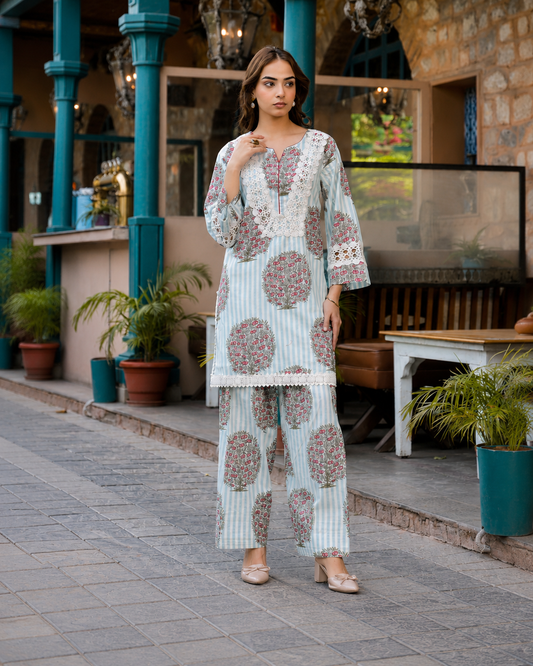 Pastel Blue Floral Printed Mal Cotton Co-Ord Set
