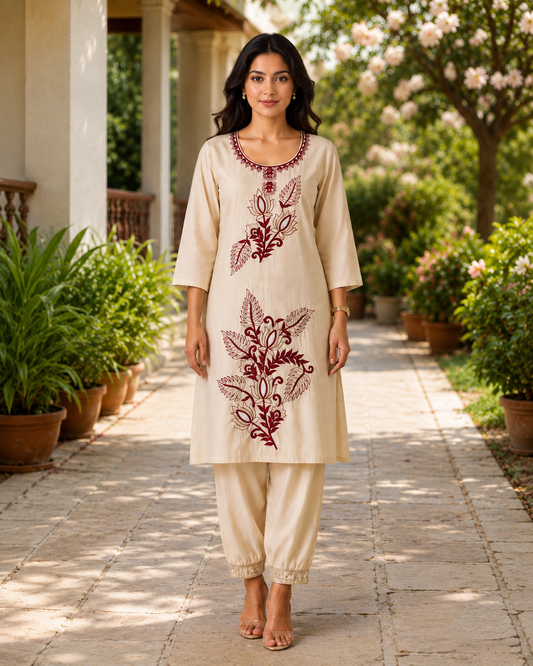 Off-White Modal Silk Co-ord Set with Maroon Floral Embroidery