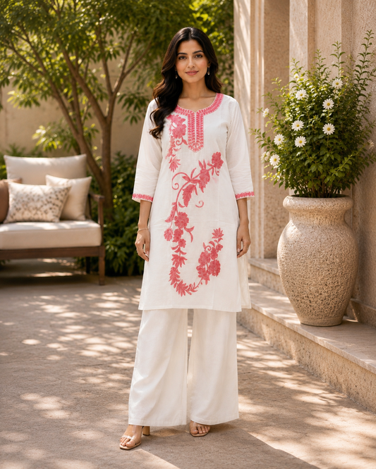 Off-White Khadi Cotton Co-ord Set with Coral Pink Embroidery