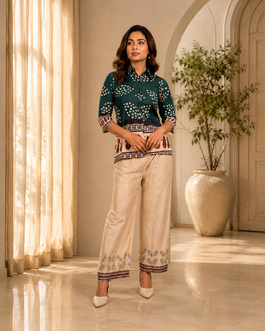 Bottle Green Indo-Western Printed Poly Crepe Co-ord Set