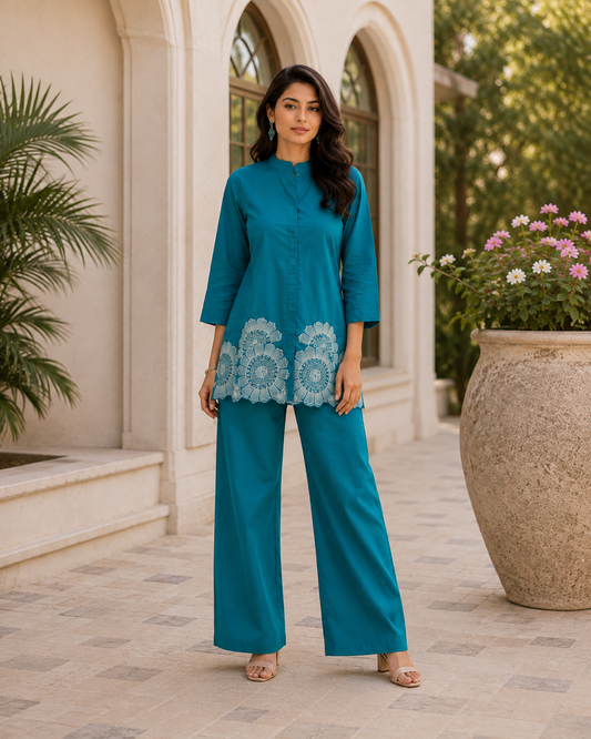 Dabu Cotton Co-ord Set with White Floral Embroidery