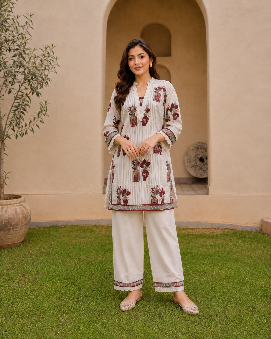 Elegant Ivory Co-ord Set with Burgundy & Olive Floral Print