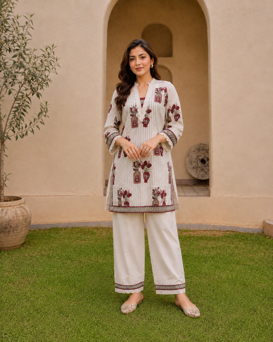 Elegant Ivory Co-ord Set with Burgundy & Olive Floral Print