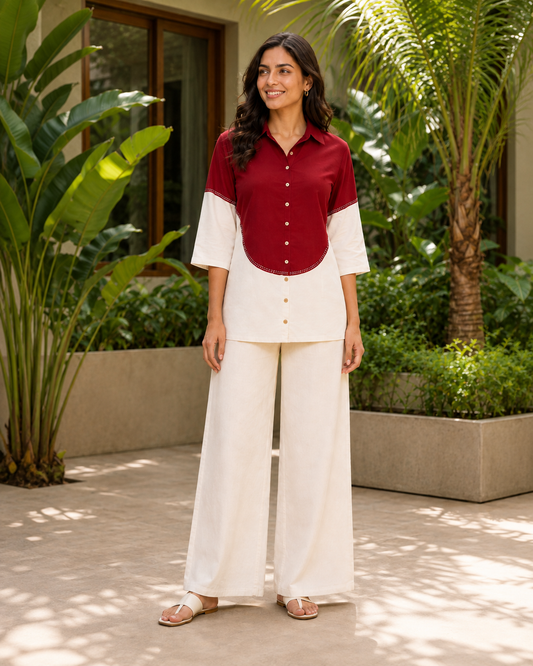 Maroon & Ivory Khadi Cotton Shirt-Style Co-ord Set