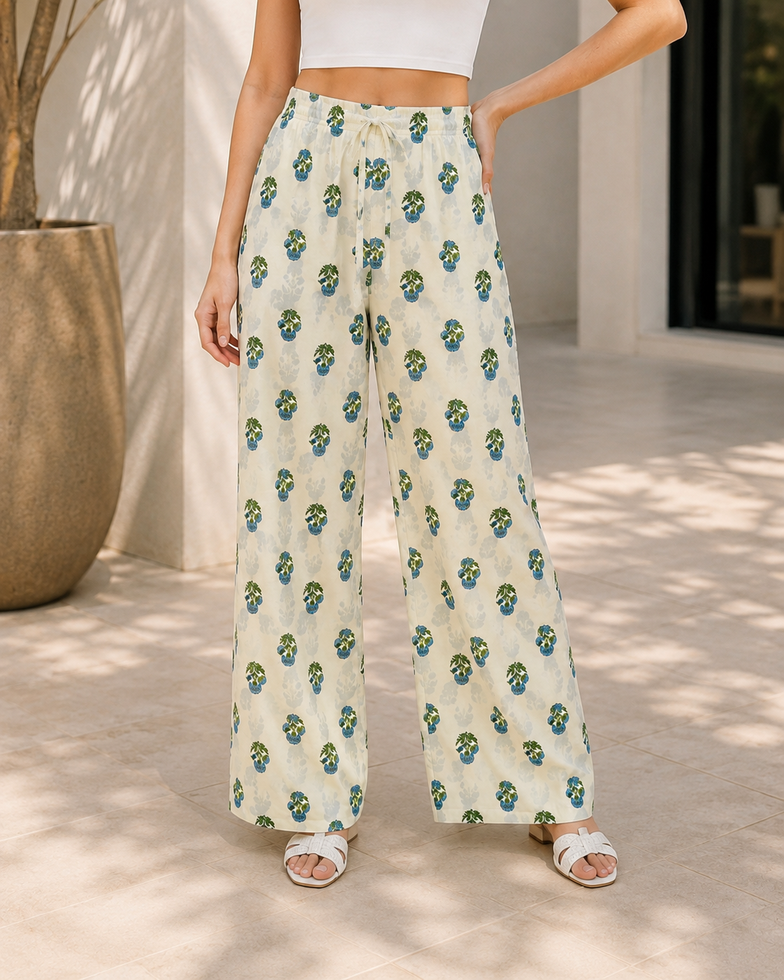 Soft Cream Natural Cotton Co-ord Set with Green & Blue Floral Print