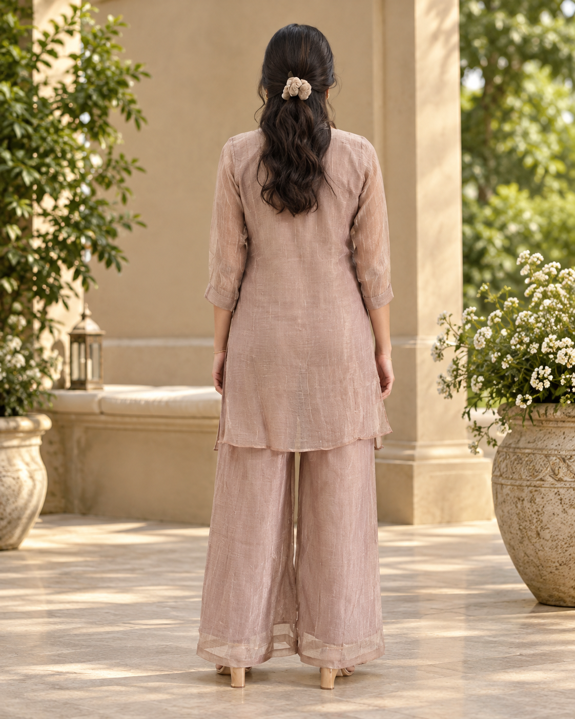 Blush Pink Floral Embellished Crush Shimmer Co-ord Set
