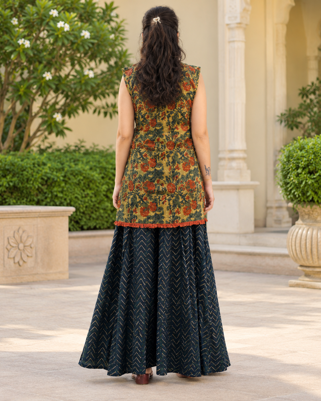 Olive Green Kurti with Teal Palazzo Set