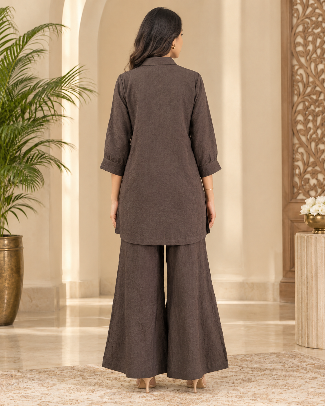Taupe Brown Crush Tissue Co-ord Set with Gold Embellished Linear Detailing