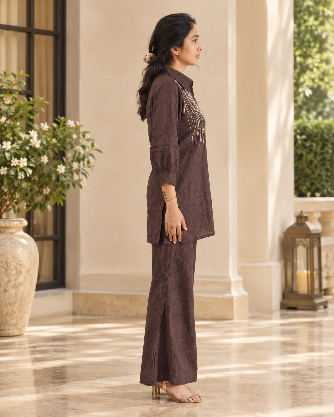 Taupe Brown Crush Tissue Co-ord Set with Gold Embellished Linear Detailing