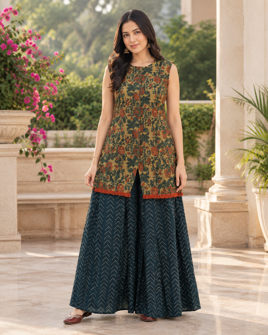 Olive Green Kurti with Teal Palazzo Set