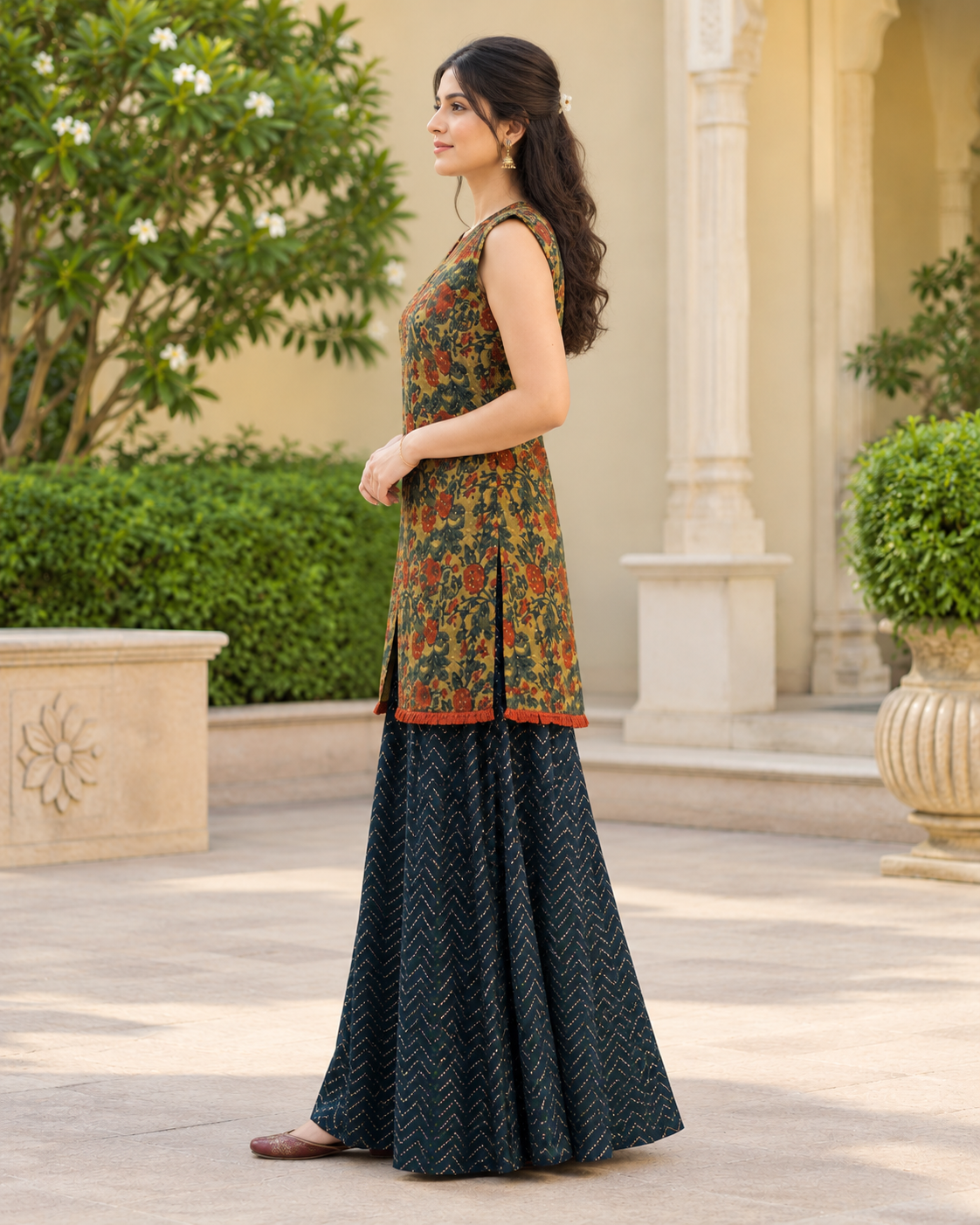 Olive Green Kurti with Teal Palazzo Set