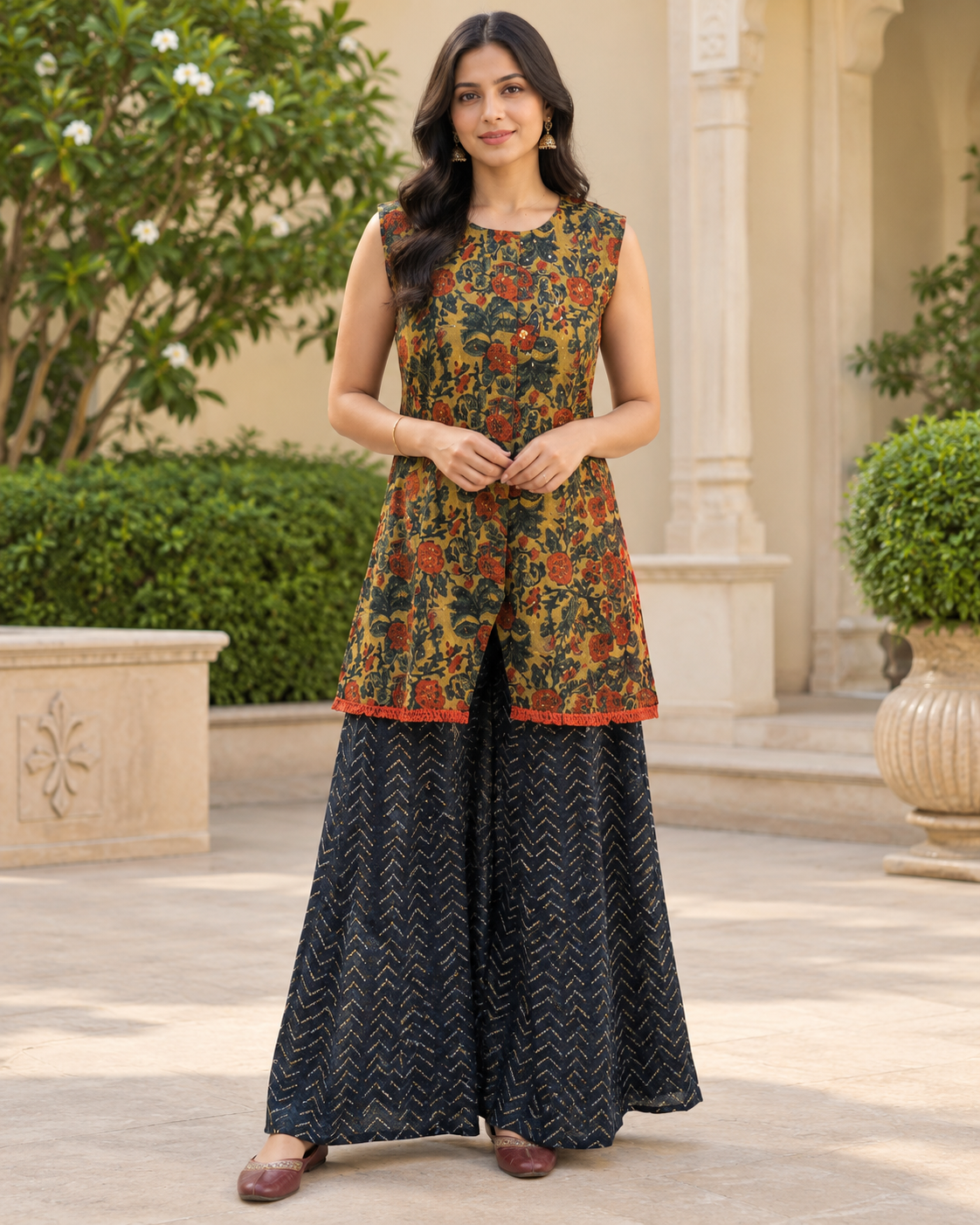 Olive Green Kurti with Teal Palazzo Set