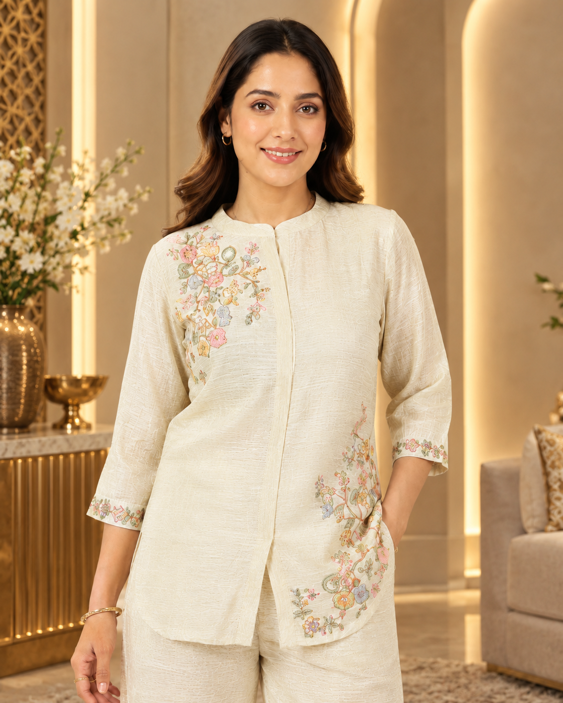 Ivory Floral Embroidered Crush Shimmer Co-ord Set