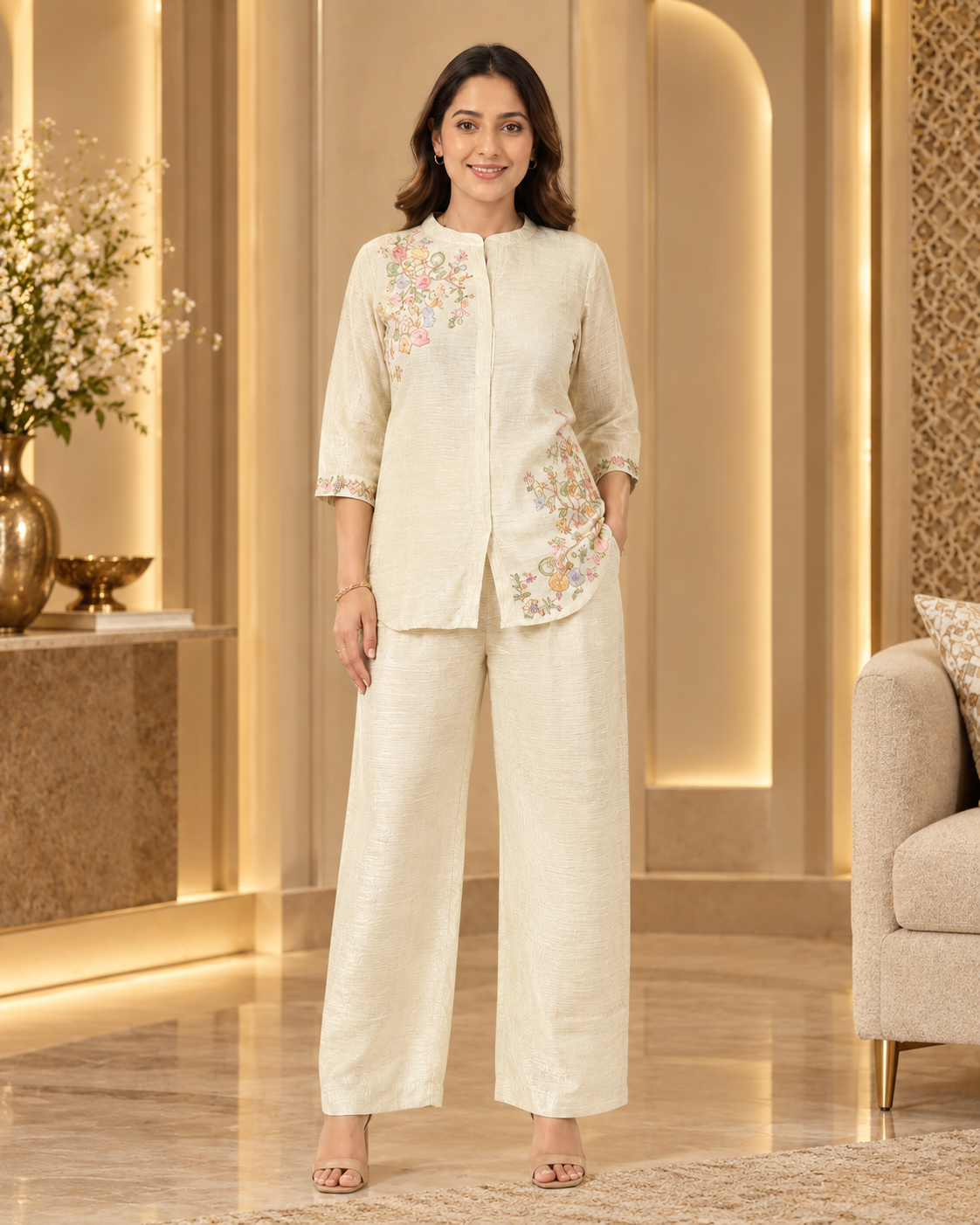 Ivory Floral Embroidered Crush Shimmer Co-ord Set
