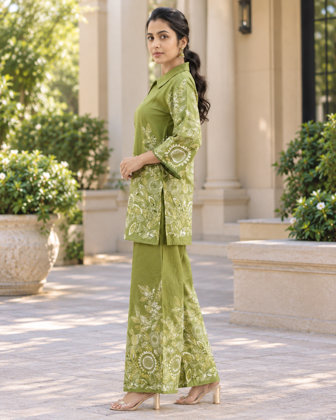 Olive Green Floral Printed Kurta Palazzo Set