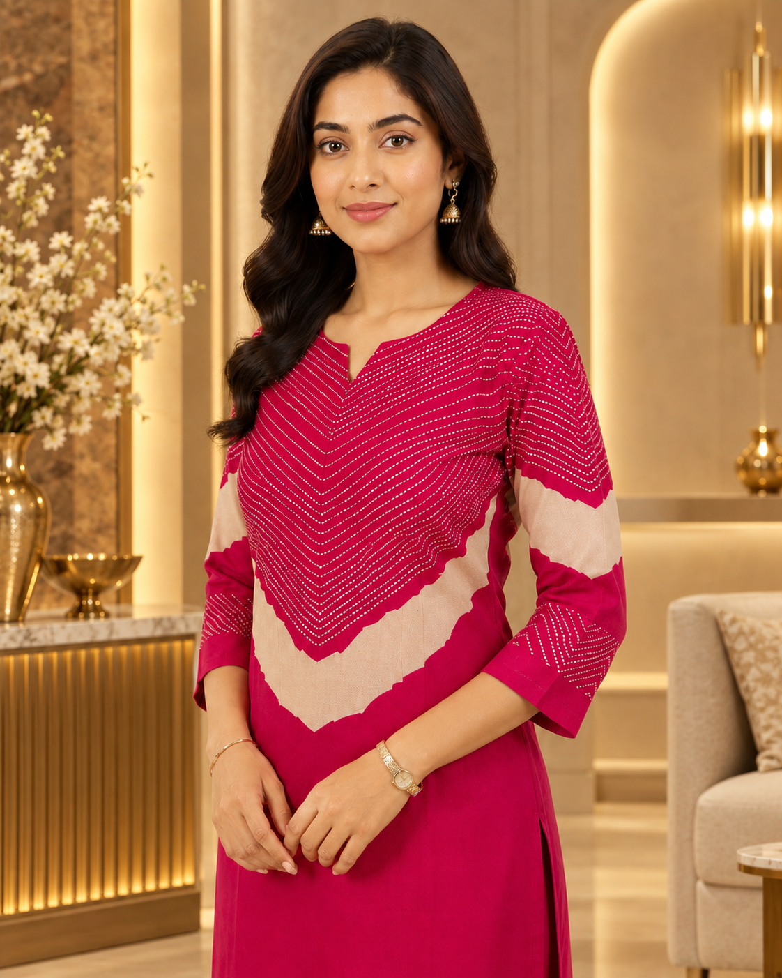 Rani Pink Chevron Printed Gajji Silk Co-ord Set