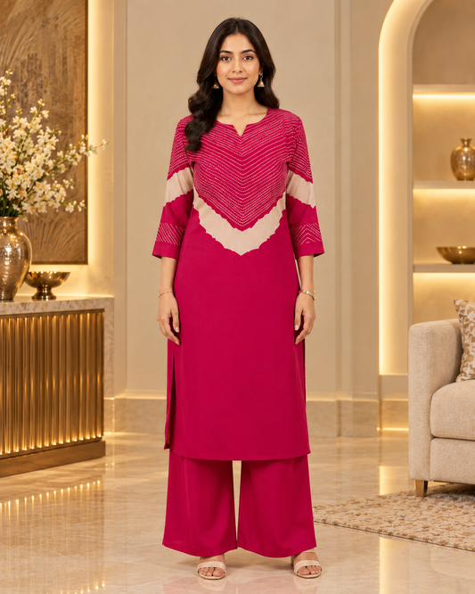 Rani Pink Chevron Printed Gajji Silk Co-ord Set
