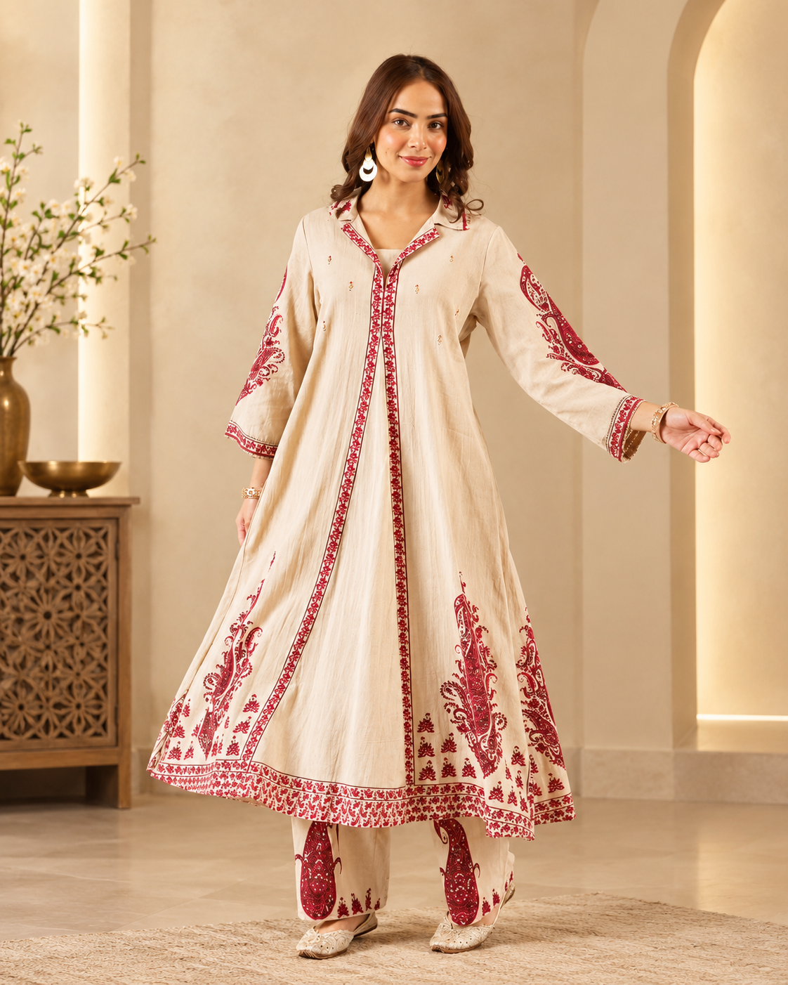 Ivory Traditional Printed Khadi Cotton Co-ord Set