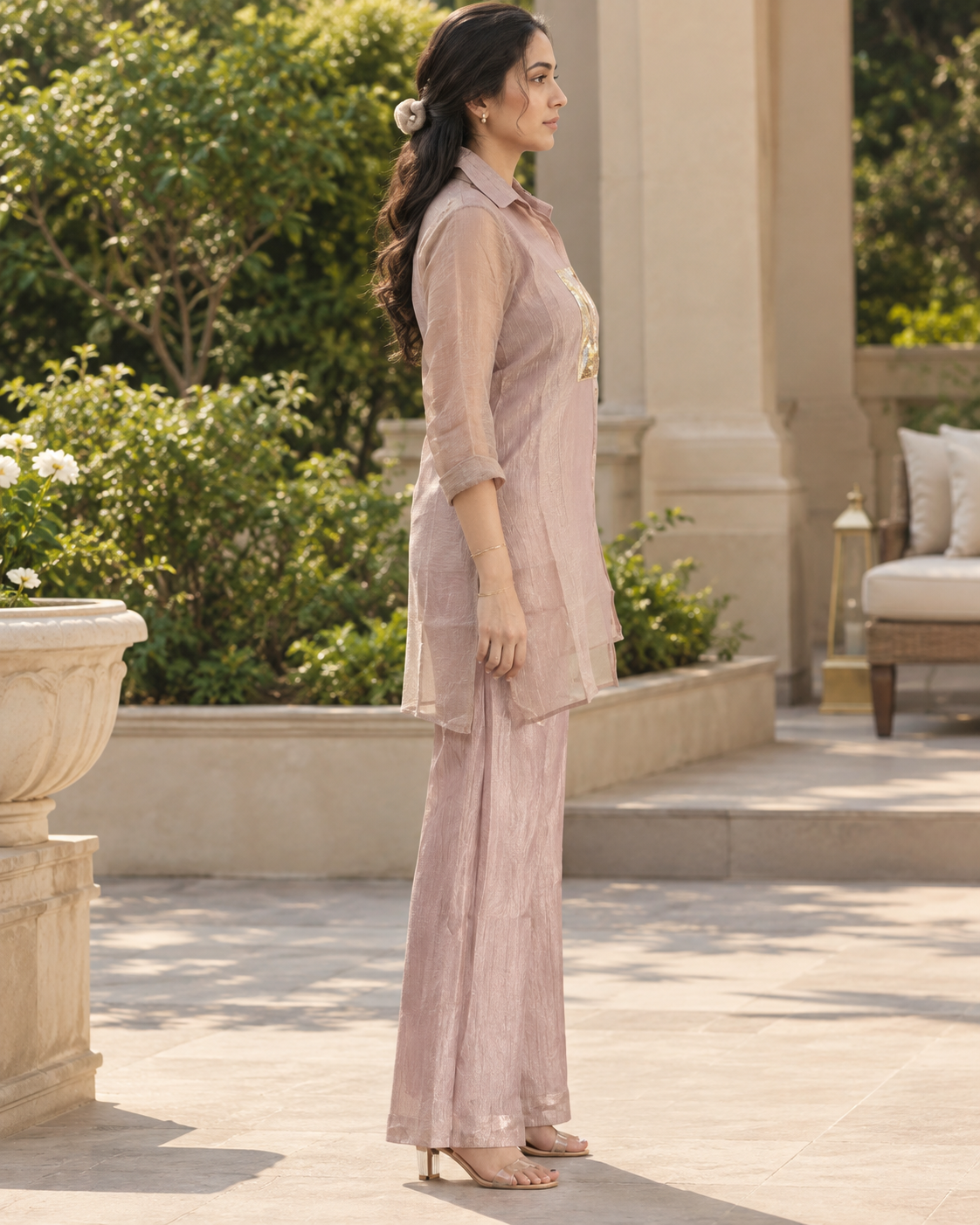 Blush Pink Floral Embellished Crush Shimmer Co-ord Set