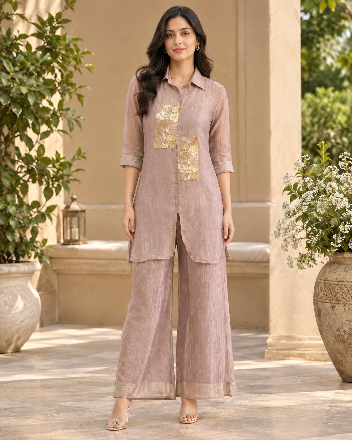 Blush Pink Floral Embellished Crush Shimmer Co-ord Set