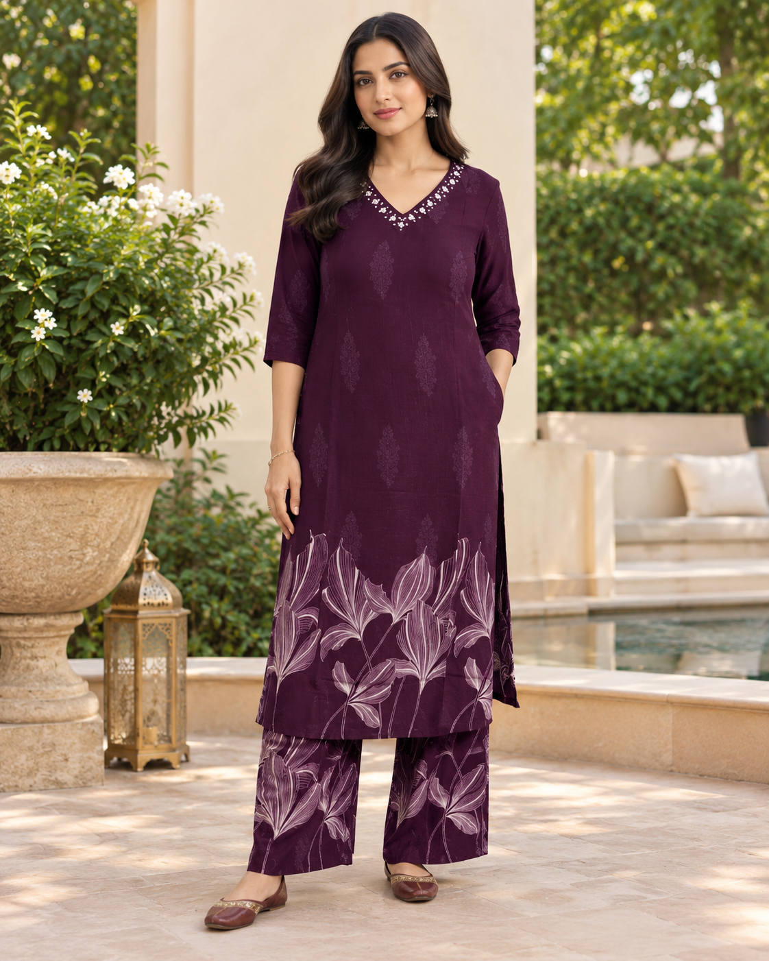 Elegant Plum Floral Kurta Set