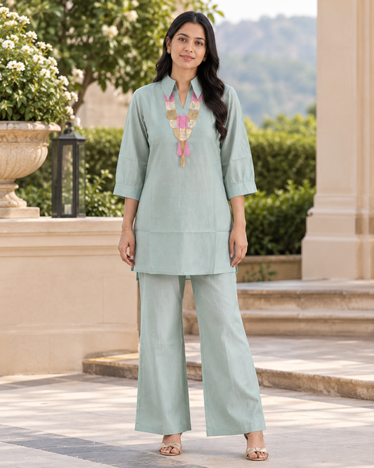 Pastel Teal Multicolor Embellished Roman Silk Co-ord Set