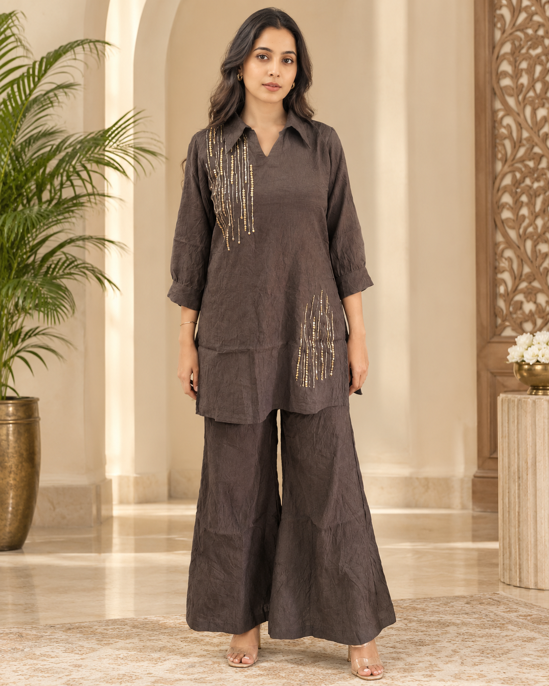 Taupe Brown Crush Tissue Co-ord Set with Gold Embellished Linear Detailing