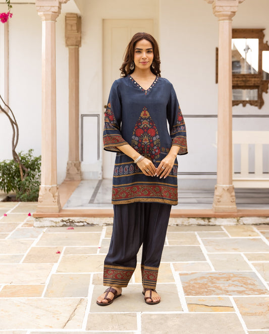 Navy Blue Printed Poly Crepe Farshi Co-ord Set with Multicolor Ethnic Motifs