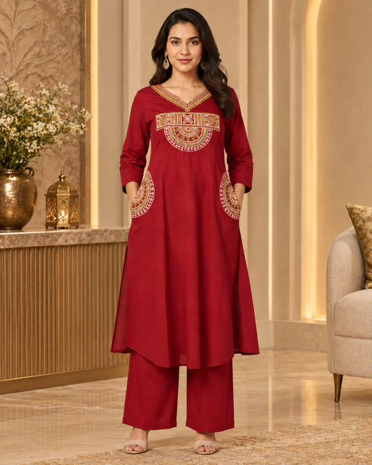 Dark orange Embroidered Dabu Cotton A-Line Co-ord Set
