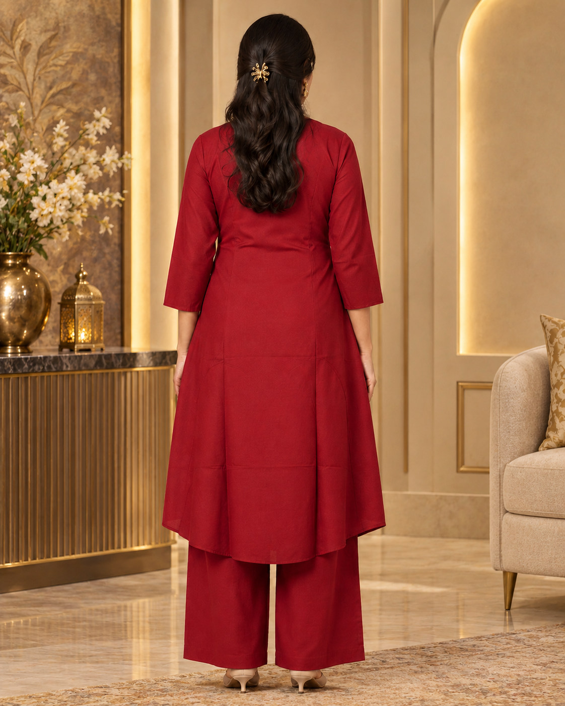 Dark orange Embroidered Dabu Cotton A-Line Co-ord Set