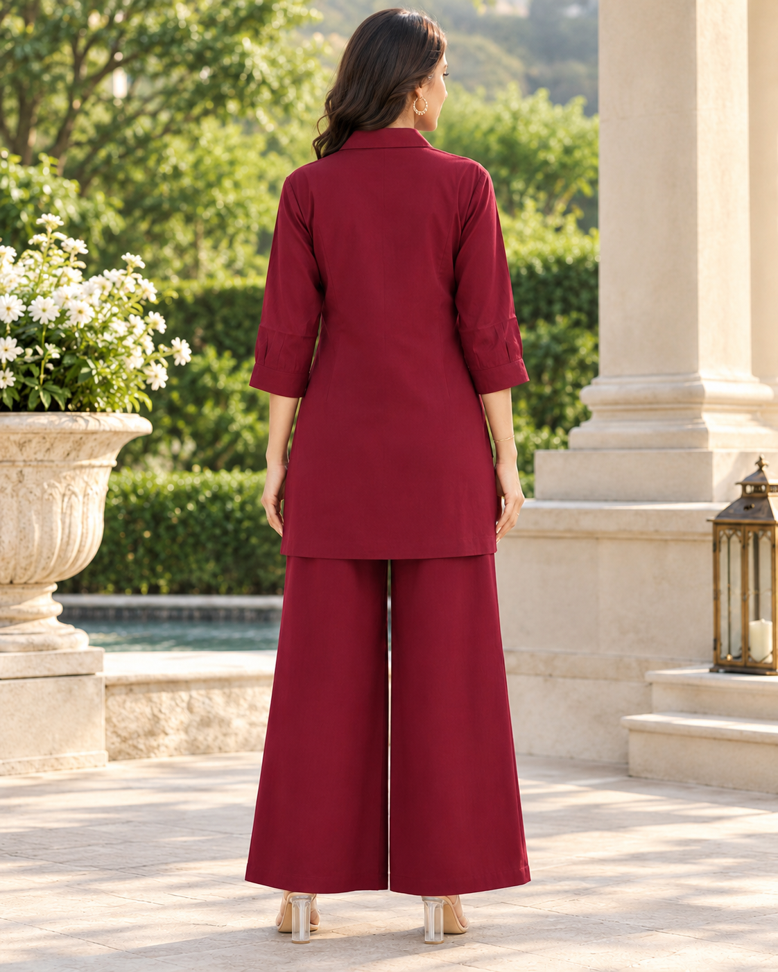 Maroon Multicoloured Embellished Roman Silk Co-ord Set