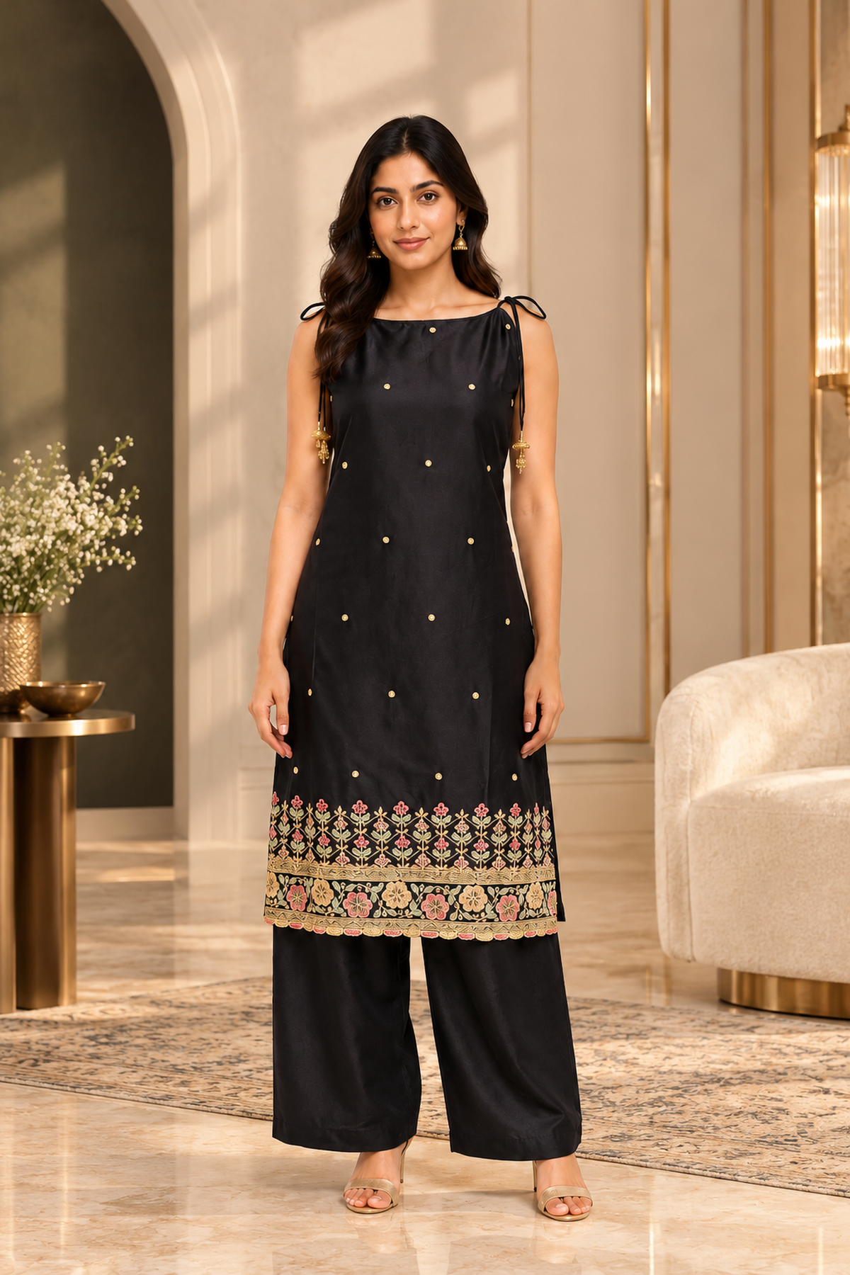 Black Embroidered Malai Silk Co-ord Set