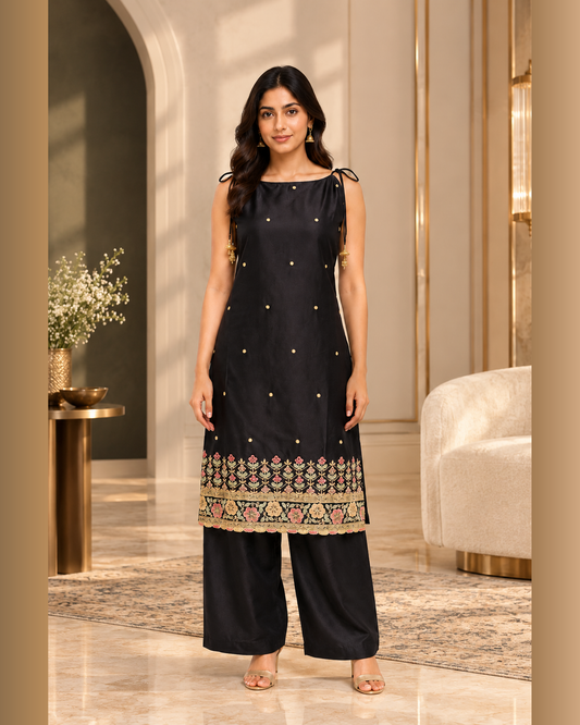 Black Embroidered Malai Silk Co-ord Set