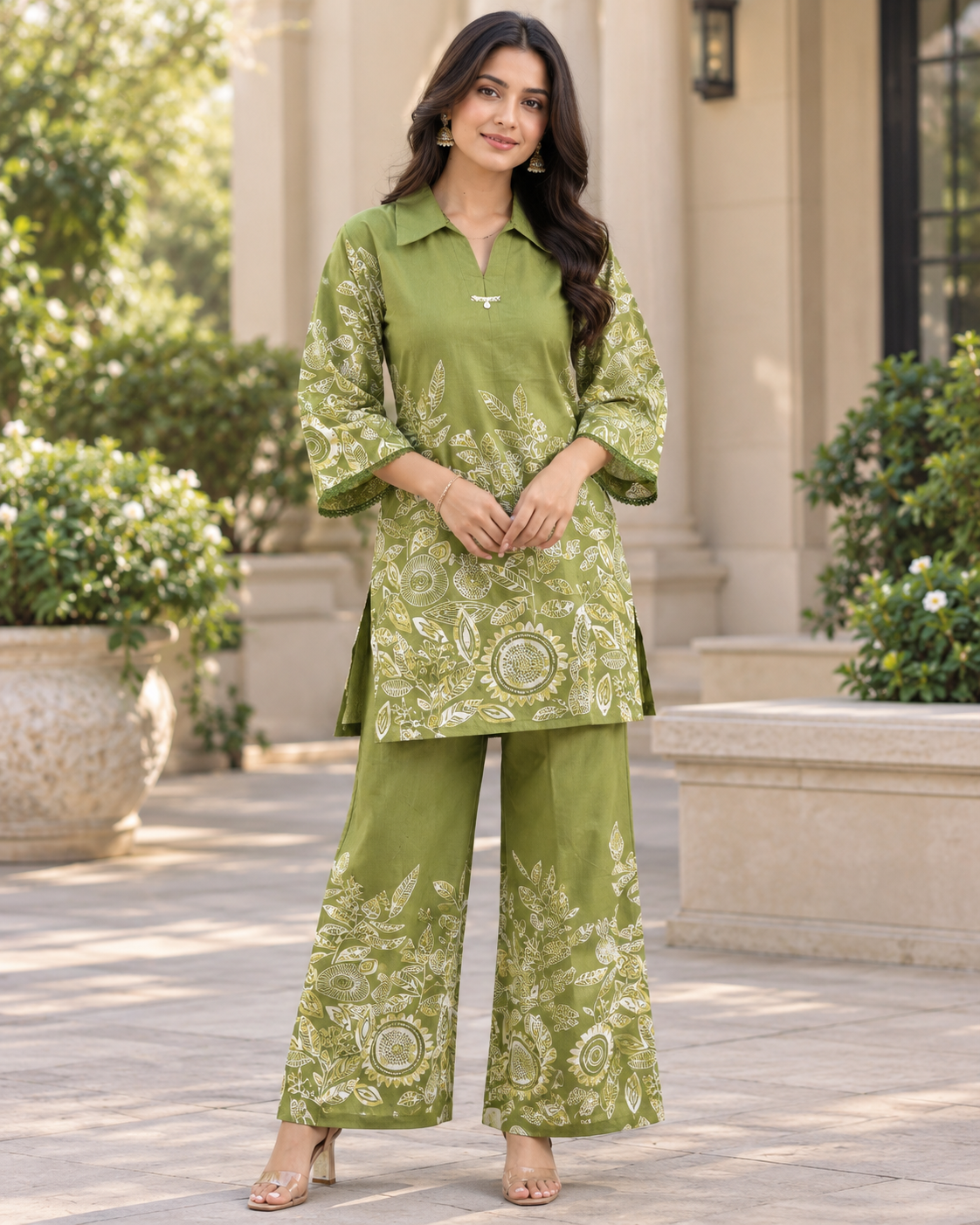Olive Green Floral Printed Kurta Palazzo Set