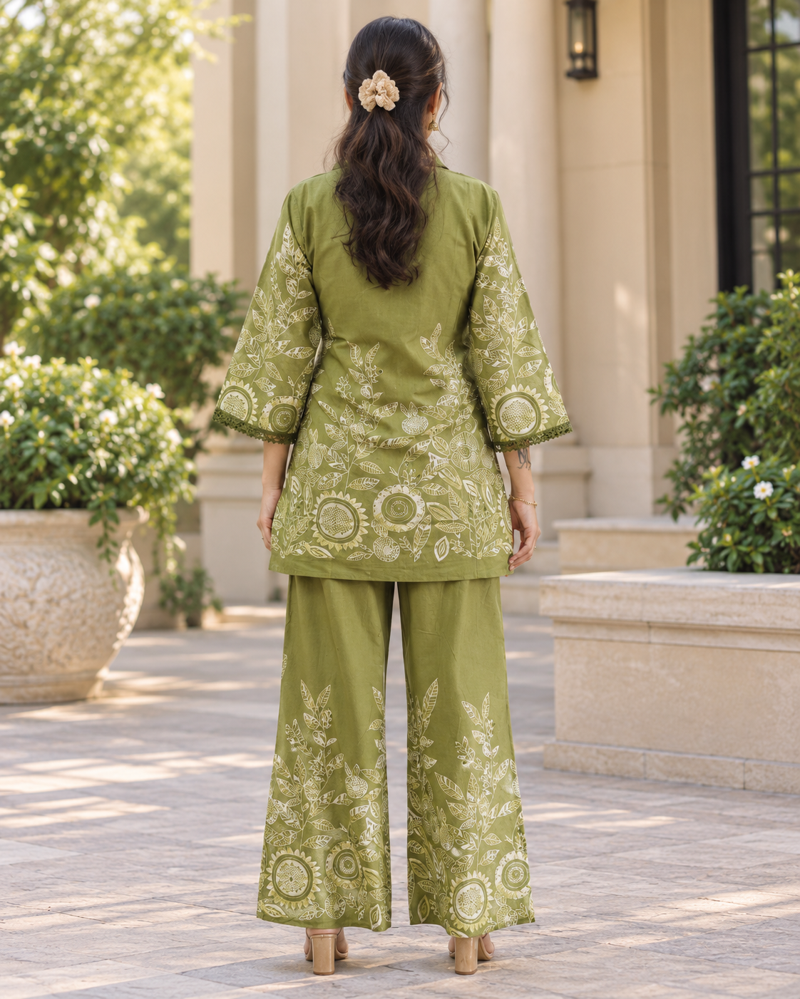 Olive Green Floral Printed Kurta Palazzo Set