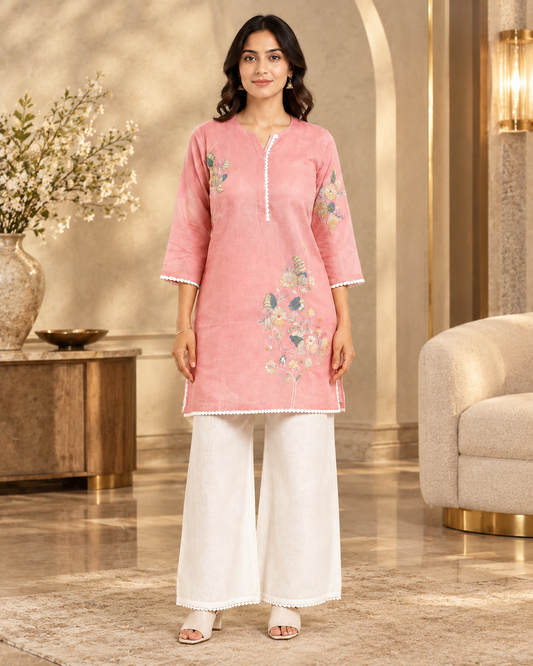 Blush Pink Floral Embroidered Mal Chanderi Kurta Palazzo Set