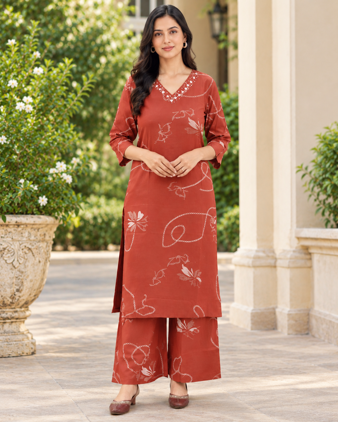Rust Red Floral Printed Kurta Palazzo Set