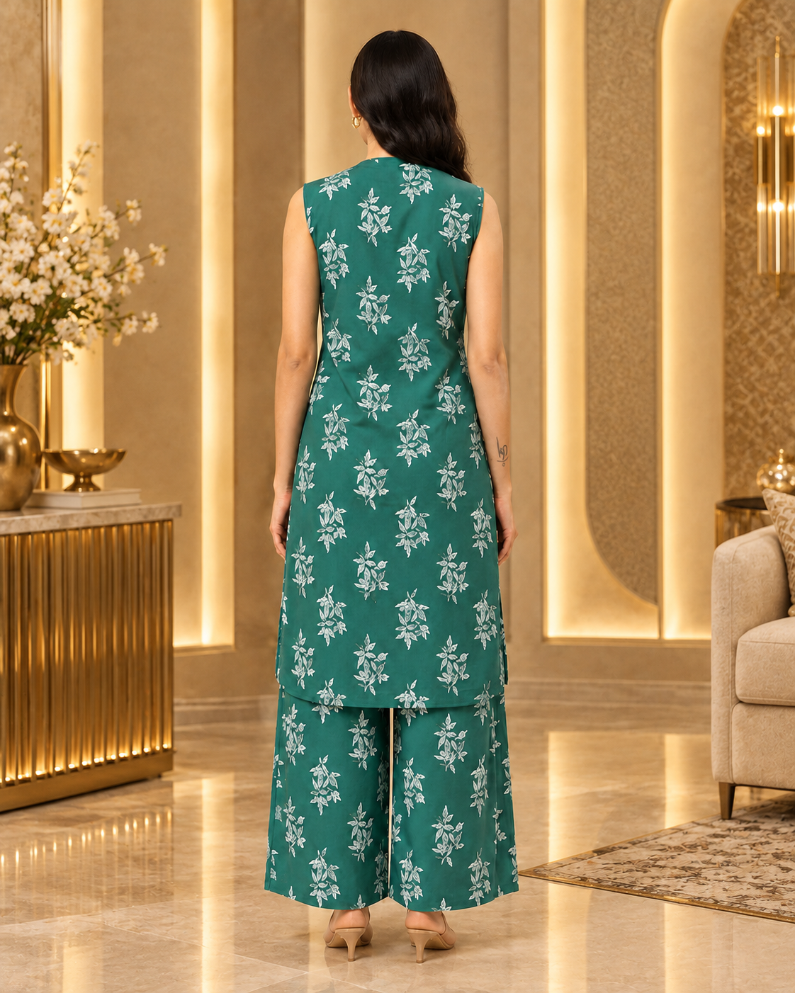 Teal Green Botanical Printed Rayon Co-ord Set